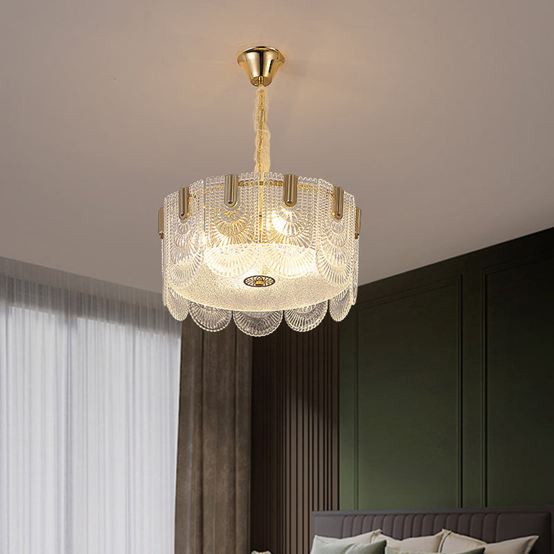 Round Pendant Ceiling Lamp Modern Clear Textured Glass Chandelier with Scalloped Edge Clearhalo 'Ceiling Lights' 'Chandeliers' 'Clear' 'Industrial' 'Modern Chandeliers' 'Modern' 'Tiffany' 'Traditional Chandeliers' Lighting' 2336049