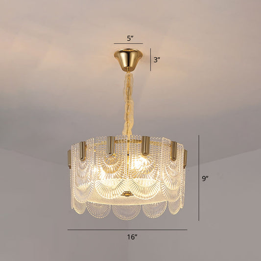 Round Pendant Ceiling Lamp Modern Clear Textured Glass Chandelier with Scalloped Edge Clear 16" Clearhalo 'Ceiling Lights' 'Chandeliers' 'Clear' 'Industrial' 'Modern Chandeliers' 'Modern' 'Tiffany' 'Traditional Chandeliers' Lighting' 2336050