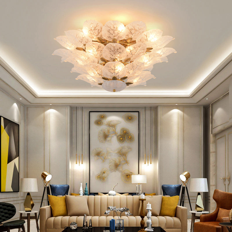 Leafy Semi Flush Mount Lamp Contemporary Frost Glass 10-Light Living Room Ceiling Fixture in Gold Gold Clearhalo 'Ceiling Lights' 'Close To Ceiling Lights' 'Close to ceiling' 'Semi-flushmount' Lighting' 2336085