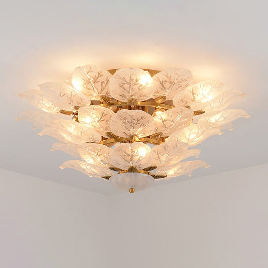 Leafy Semi Flush Mount Lamp Contemporary Frost Glass 10-Light Living Room Ceiling Fixture in Gold Clearhalo 'Ceiling Lights' 'Close To Ceiling Lights' 'Close to ceiling' 'Semi-flushmount' Lighting' 2336087