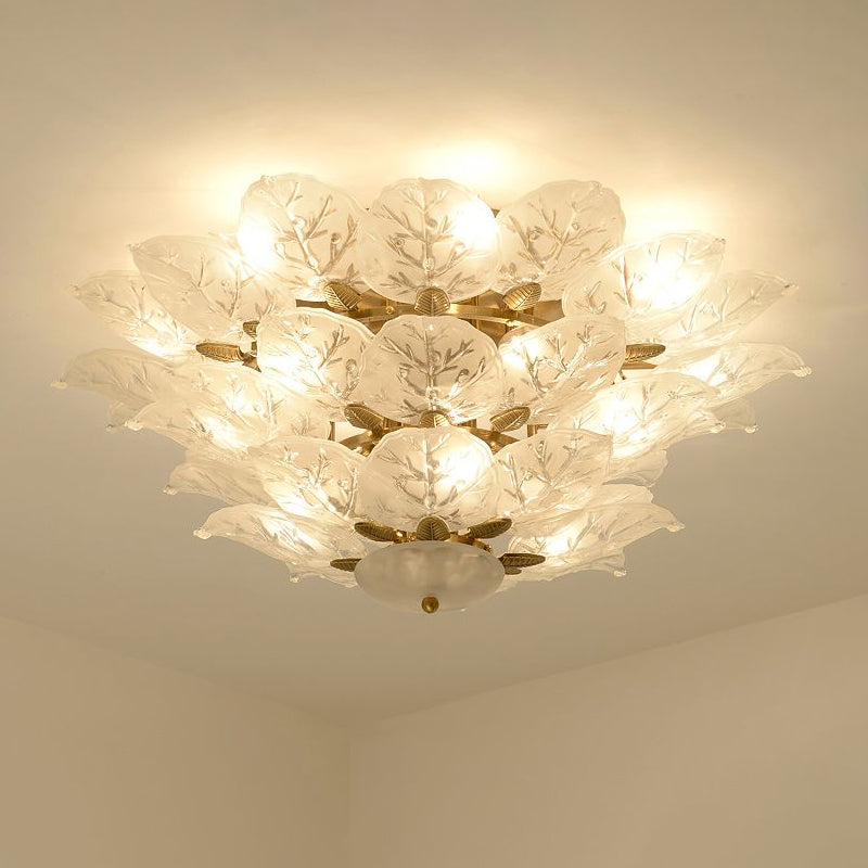 Leafy Semi Flush Mount Lamp Contemporary Frost Glass 10-Light Living Room Ceiling Fixture in Gold Clearhalo 'Ceiling Lights' 'Close To Ceiling Lights' 'Close to ceiling' 'Semi-flushmount' Lighting' 2336088