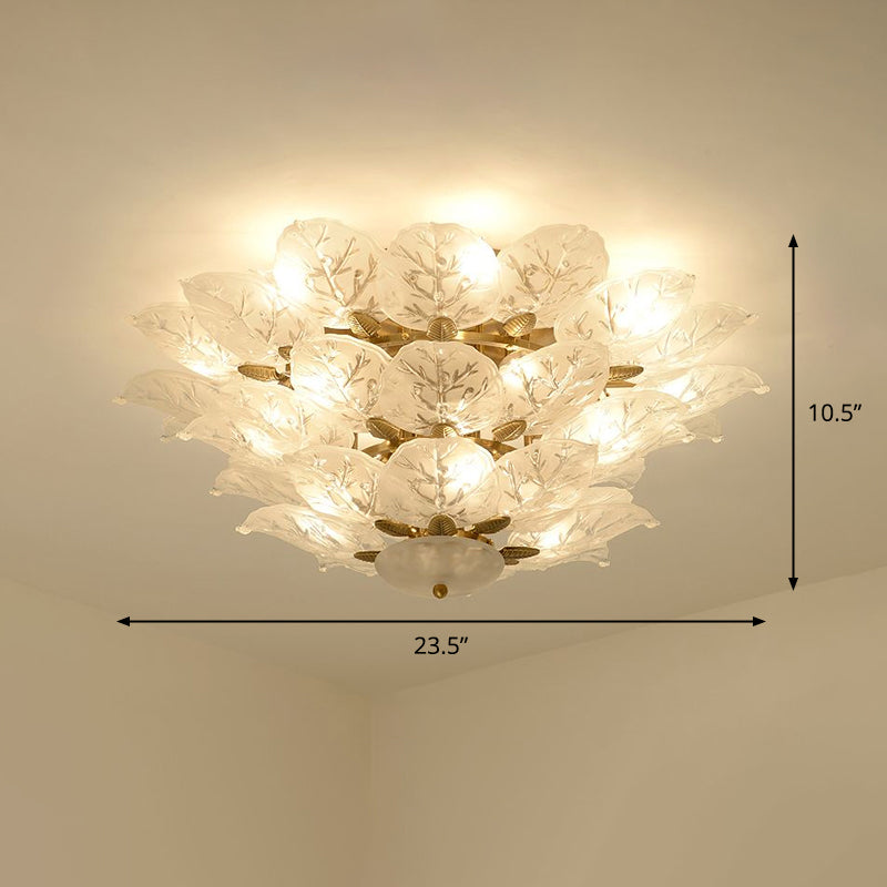Leafy Semi Flush Mount Lamp Contemporary Frost Glass 10-Light Living Room Ceiling Fixture in Gold Clearhalo 'Ceiling Lights' 'Close To Ceiling Lights' 'Close to ceiling' 'Semi-flushmount' Lighting' 2336089