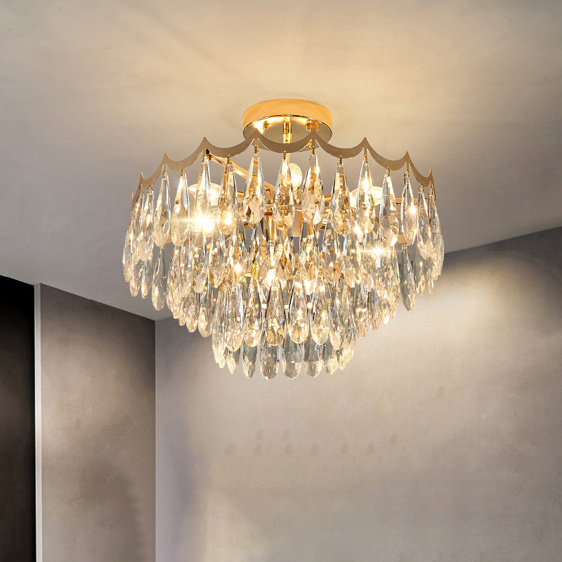 3-Layer Bedroom Ceiling Lighting Clear Crystal Drops 9-Bulb Modern Semi Flush Mount Chandelier in Gold Gold Clearhalo 'Ceiling Lights' 'Close To Ceiling Lights' 'Close to ceiling' 'Semi-flushmount' Lighting' 2336090