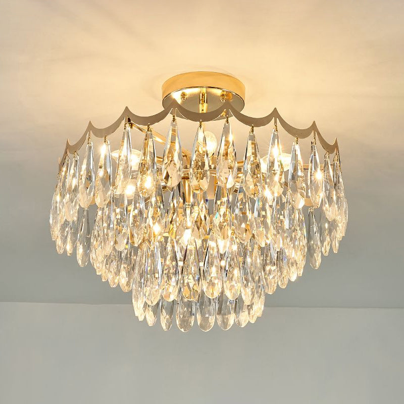 3-Layer Bedroom Ceiling Lighting Clear Crystal Drops 9-Bulb Modern Semi Flush Mount Chandelier in Gold Clearhalo 'Ceiling Lights' 'Close To Ceiling Lights' 'Close to ceiling' 'Semi-flushmount' Lighting' 2336092