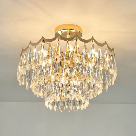 3-Layer Bedroom Ceiling Lighting Clear Crystal Drops 9-Bulb Modern Semi Flush Mount Chandelier in Gold Clearhalo 'Ceiling Lights' 'Close To Ceiling Lights' 'Close to ceiling' 'Semi-flushmount' Lighting' 2336092