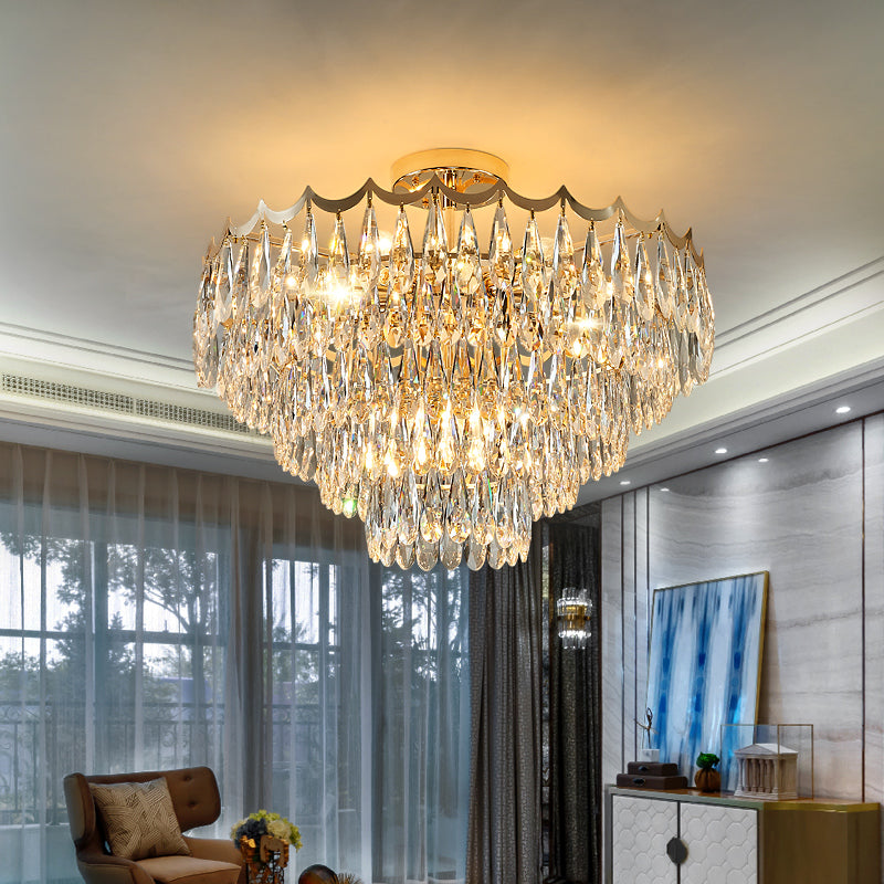 3-Layer Bedroom Ceiling Lighting Clear Crystal Drops 9-Bulb Modern Semi Flush Mount Chandelier in Gold Clearhalo 'Ceiling Lights' 'Close To Ceiling Lights' 'Close to ceiling' 'Semi-flushmount' Lighting' 2336094