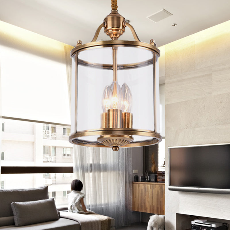 8"/18" Wide Cylindrical Chandelier Lighting Colonial Clear Glass Brass 3/7 Bulbs Hanging Ceiling Light Clearhalo 'Ceiling Lights' 'Chandeliers' 'Glass shade' 'Glass' Lighting' 233613