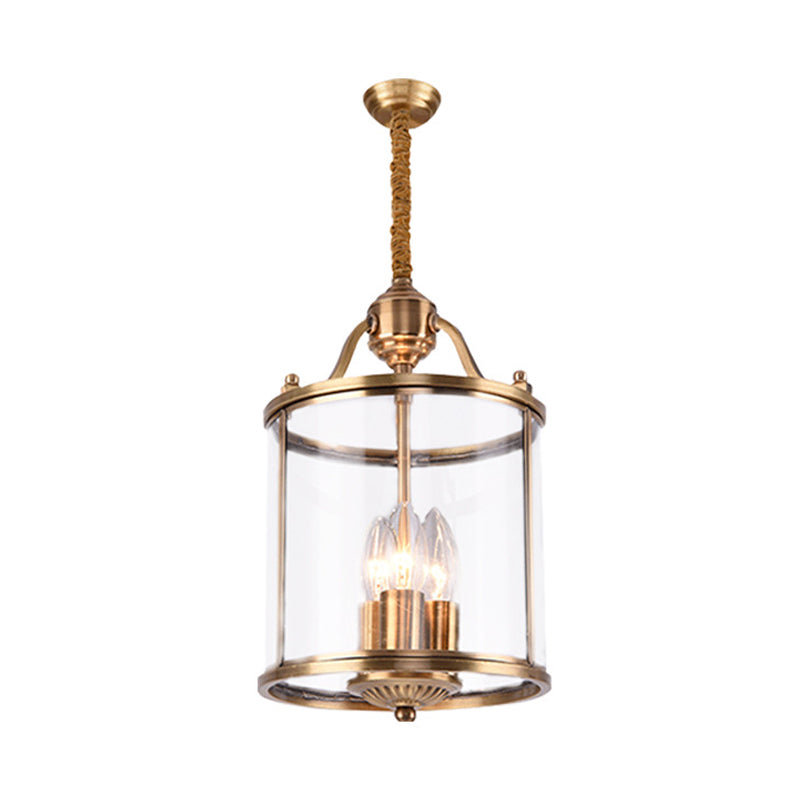 8"/18" Wide Cylindrical Chandelier Lighting Colonial Clear Glass Brass 3/7 Bulbs Hanging Ceiling Light Clearhalo 'Ceiling Lights' 'Chandeliers' 'Glass shade' 'Glass' Lighting' 233614