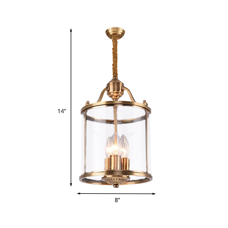 8"/18" Wide Cylindrical Chandelier Lighting Colonial Clear Glass Brass 3/7 Bulbs Hanging Ceiling Light Clearhalo 'Ceiling Lights' 'Chandeliers' 'Glass shade' 'Glass' Lighting' 233615