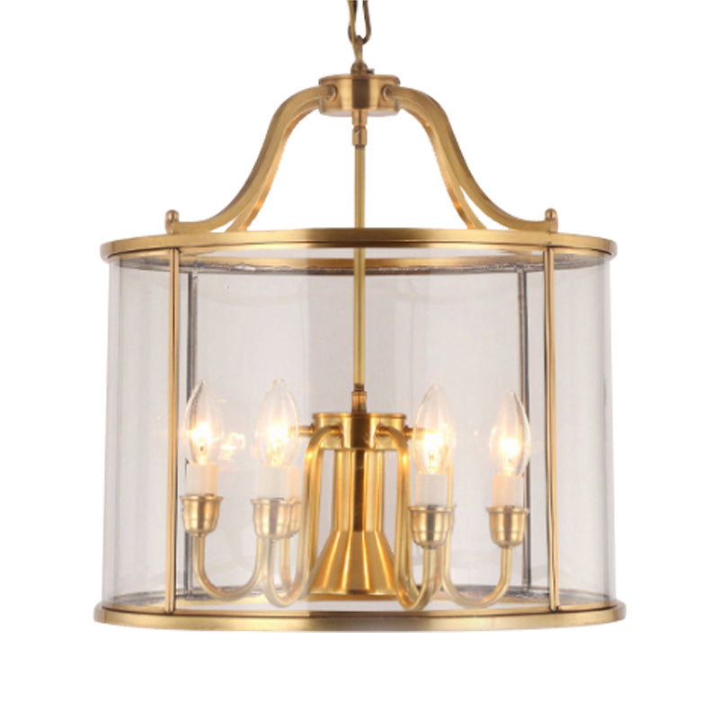 8"/18" Wide Cylindrical Chandelier Lighting Colonial Clear Glass Brass 3/7 Bulbs Hanging Ceiling Light Clearhalo 'Ceiling Lights' 'Chandeliers' 'Glass shade' 'Glass' Lighting' 233618