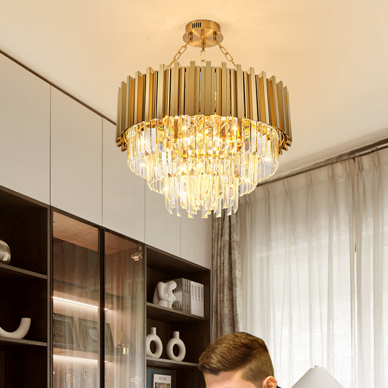 Layered Dining Room Ceiling Mount Chandelier Prismatic Crystal Modern Semi Flush Light in Gold Clearhalo 'Ceiling Lights' 'Close To Ceiling Lights' 'Close to ceiling' 'Semi-flushmount' Lighting' 2336187
