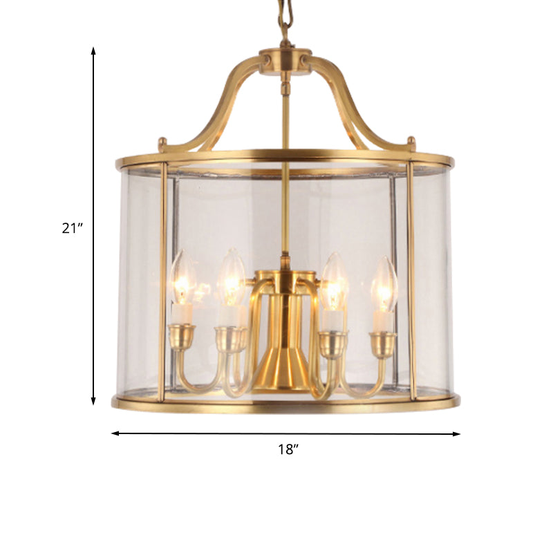8"/18" Wide Cylindrical Chandelier Lighting Colonial Clear Glass Brass 3/7 Bulbs Hanging Ceiling Light Clearhalo 'Ceiling Lights' 'Chandeliers' 'Glass shade' 'Glass' Lighting' 233619