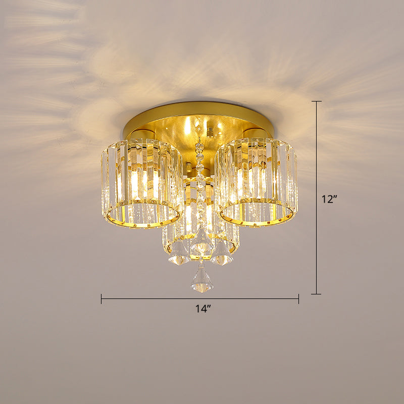 Living Room Flush Mount Lighting Modern Ceiling Light with Cylinder Crystal Shade 3 Gold Clearhalo 'Ceiling Lights' 'Close To Ceiling Lights' 'Close to ceiling' 'Flush mount' Lighting' 2336234