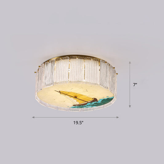 Hand-Paint Drum Shaped Flush Light Novelty Modern Crystal Bedroom LED Ceiling Fixture in Gold Gold Boat Clearhalo 'Ceiling Lights' 'Close To Ceiling Lights' 'Close to ceiling' 'Flush mount' Lighting' 2336249