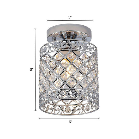 Crystal Embedded Cylindrical Flush Mount Lamp Simple 1-Light Chrome Finish Semi Flush Ceiling Light for Aisle Clearhalo 'Ceiling Lights' 'Close To Ceiling Lights' 'Close to ceiling' 'Semi-flushmount' Lighting' 2336274