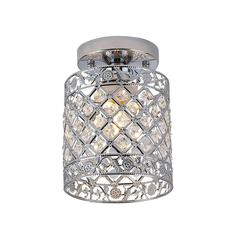 Crystal Embedded Cylindrical Flush Mount Lamp Simple 1-Light Chrome Finish Semi Flush Ceiling Light for Aisle Clearhalo 'Ceiling Lights' 'Close To Ceiling Lights' 'Close to ceiling' 'Semi-flushmount' Lighting' 2336275