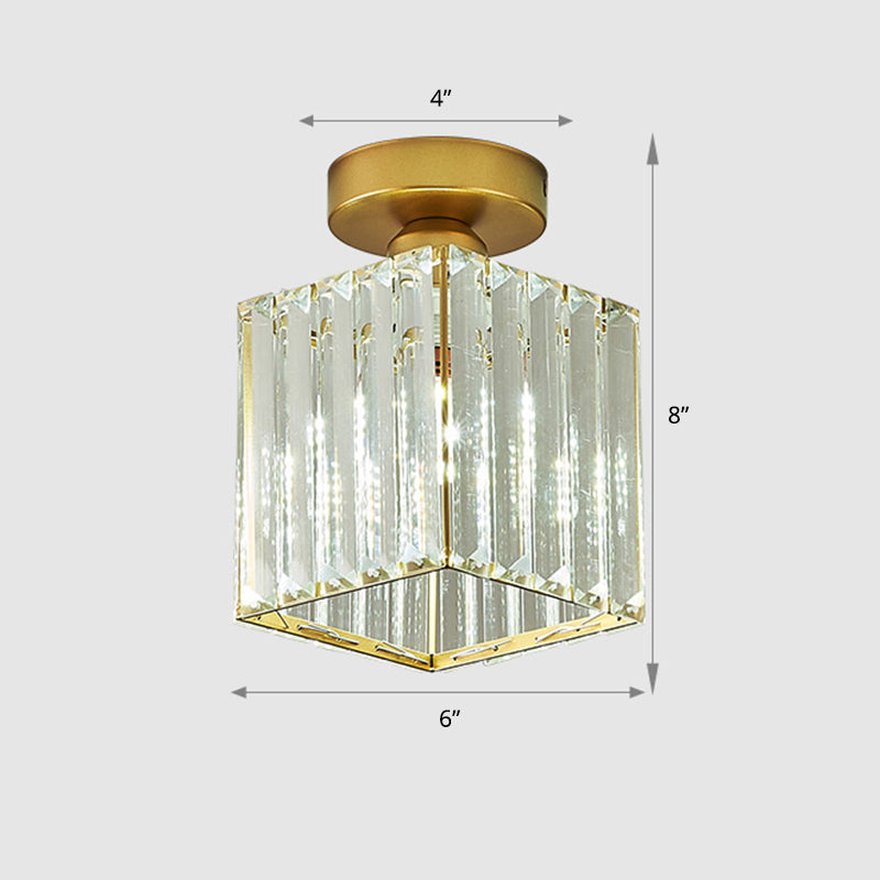 Clear Prismatic Crystal Geometric Ceiling Lamp Minimalist 1 Bulb Brass Finish Semi Flush Light for Aisle Clear Square Plate Clearhalo 'Ceiling Lights' 'Close To Ceiling Lights' 'Close to ceiling' 'Semi-flushmount' Lighting' 2336277
