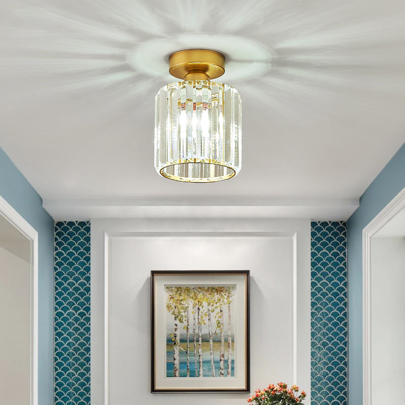 Clear Prismatic Crystal Geometric Ceiling Lamp Minimalist 1 Bulb Brass Finish Semi Flush Light for Aisle Clearhalo 'Ceiling Lights' 'Close To Ceiling Lights' 'Close to ceiling' 'Semi-flushmount' Lighting' 2336278