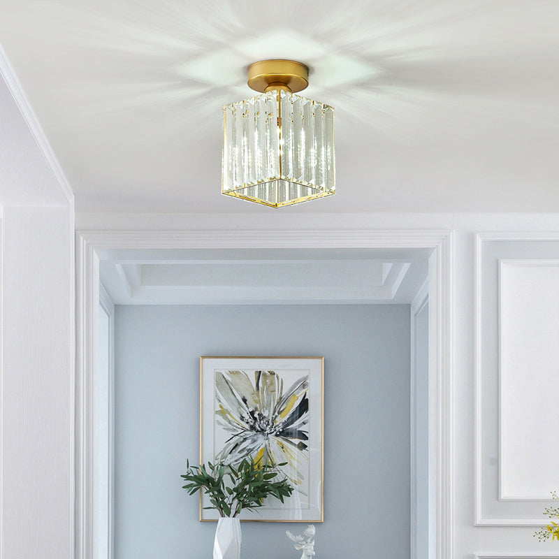 Clear Prismatic Crystal Geometric Ceiling Lamp Minimalist 1 Bulb Brass Finish Semi Flush Light for Aisle Clearhalo 'Ceiling Lights' 'Close To Ceiling Lights' 'Close to ceiling' 'Semi-flushmount' Lighting' 2336281