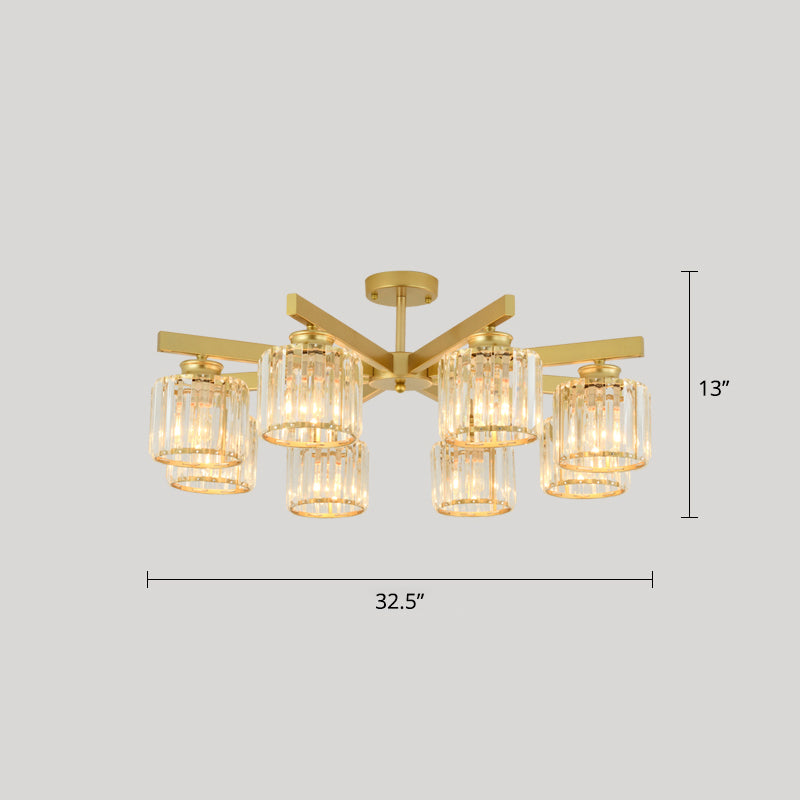 Cylindrical Semi Flush Chandelier Contemporary Crystal Prism Ceiling Light for Living Room 8 Gold Clearhalo 'Ceiling Lights' 'Close To Ceiling Lights' 'Close to ceiling' 'Semi-flushmount' Lighting' 2336309
