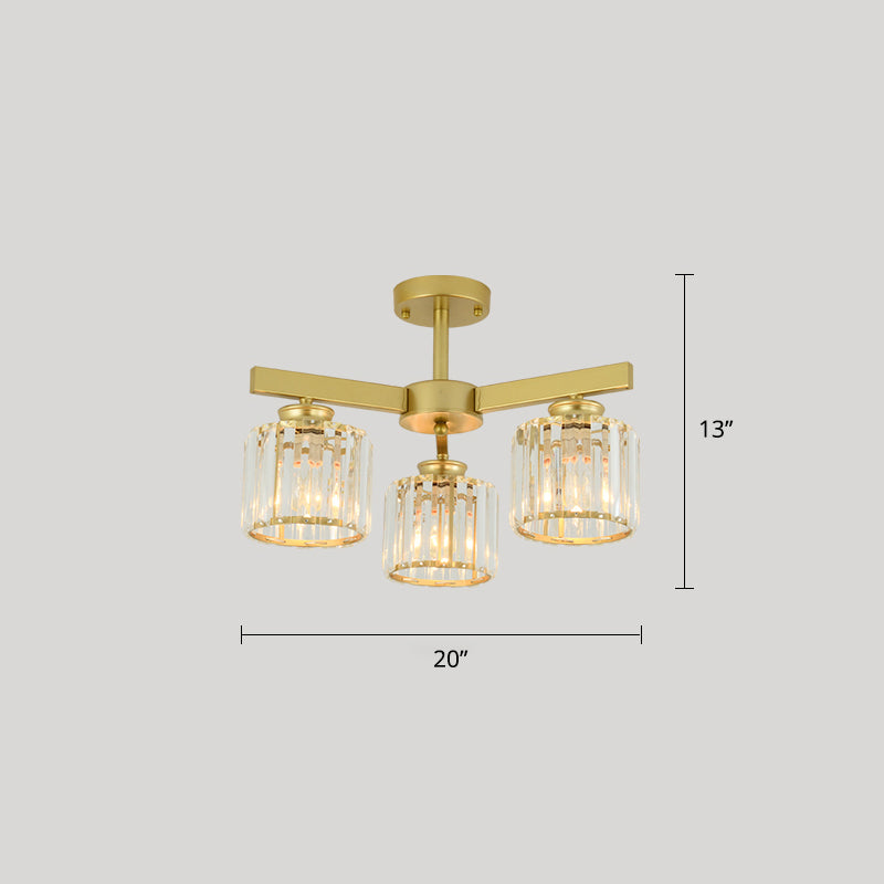 Cylindrical Semi Flush Chandelier Contemporary Crystal Prism Ceiling Light for Living Room 3 Gold Clearhalo 'Ceiling Lights' 'Close To Ceiling Lights' 'Close to ceiling' 'Semi-flushmount' Lighting' 2336310