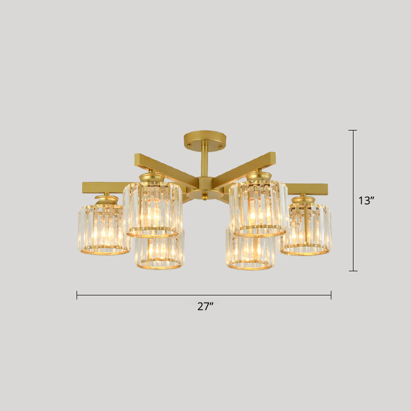 Cylindrical Semi Flush Chandelier Contemporary Crystal Prism Ceiling Light for Living Room 6 Gold Clearhalo 'Ceiling Lights' 'Close To Ceiling Lights' 'Close to ceiling' 'Semi-flushmount' Lighting' 2336312