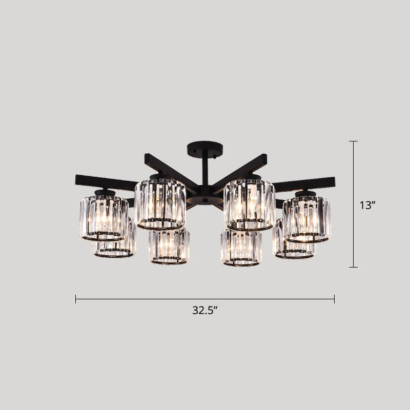 Cylindrical Semi Flush Chandelier Contemporary Crystal Prism Ceiling Light for Living Room 8 Black Clearhalo 'Ceiling Lights' 'Close To Ceiling Lights' 'Close to ceiling' 'Semi-flushmount' Lighting' 2336318