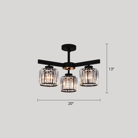 Cylindrical Semi Flush Chandelier Contemporary Crystal Prism Ceiling Light for Living Room 3 Black Clearhalo 'Ceiling Lights' 'Close To Ceiling Lights' 'Close to ceiling' 'Semi-flushmount' Lighting' 2336319