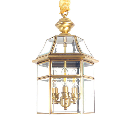 3 Bulbs Cage Ceiling Chandelier Traditional Clear Glass Suspended Lighting Fixture in Brass Clearhalo 'Ceiling Lights' 'Chandeliers' 'Glass shade' 'Glass' Lighting' 233631