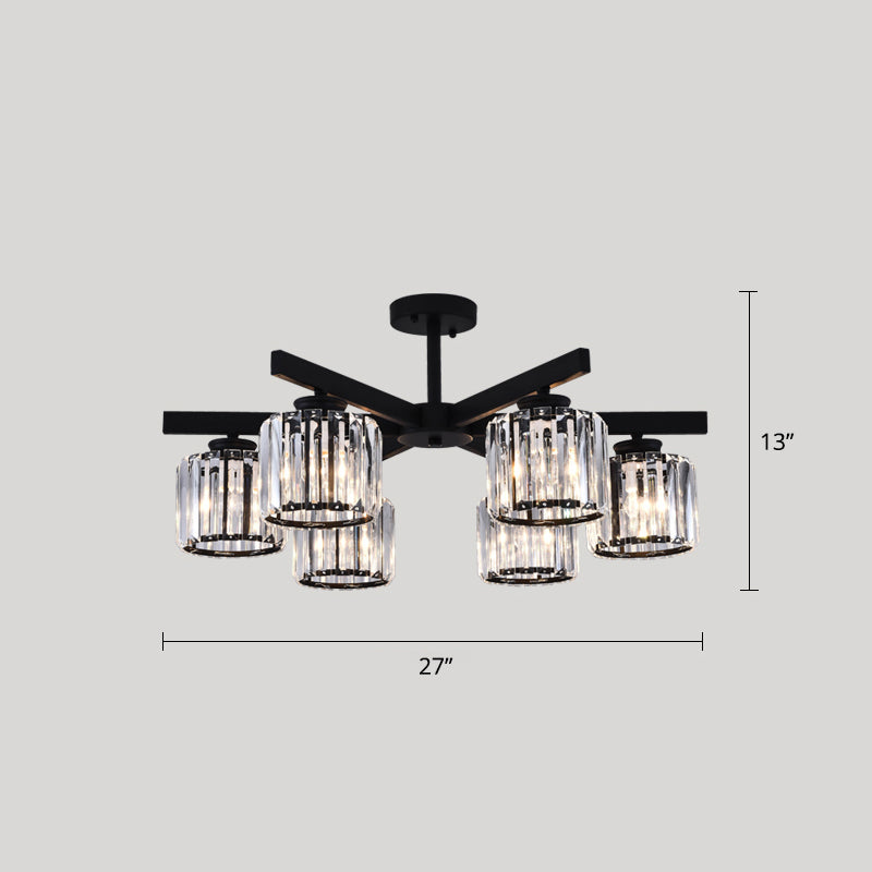 Cylindrical Semi Flush Chandelier Contemporary Crystal Prism Ceiling Light for Living Room 6 Black Clearhalo 'Ceiling Lights' 'Close To Ceiling Lights' 'Close to ceiling' 'Semi-flushmount' Lighting' 2336320