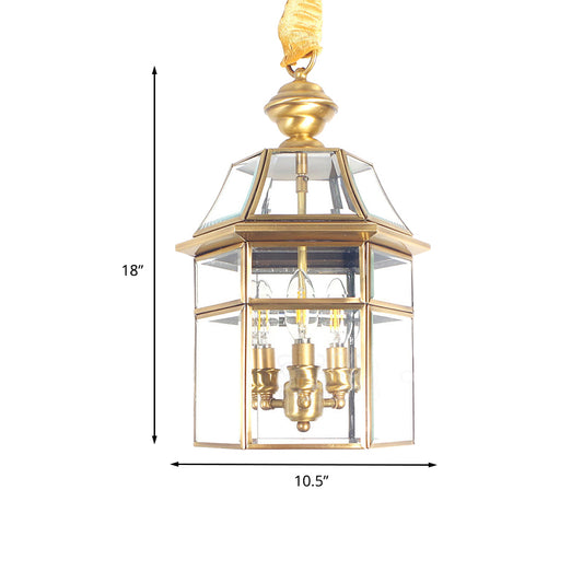 3 Bulbs Cage Ceiling Chandelier Traditional Clear Glass Suspended Lighting Fixture in Brass Clearhalo 'Ceiling Lights' 'Chandeliers' 'Glass shade' 'Glass' Lighting' 233632