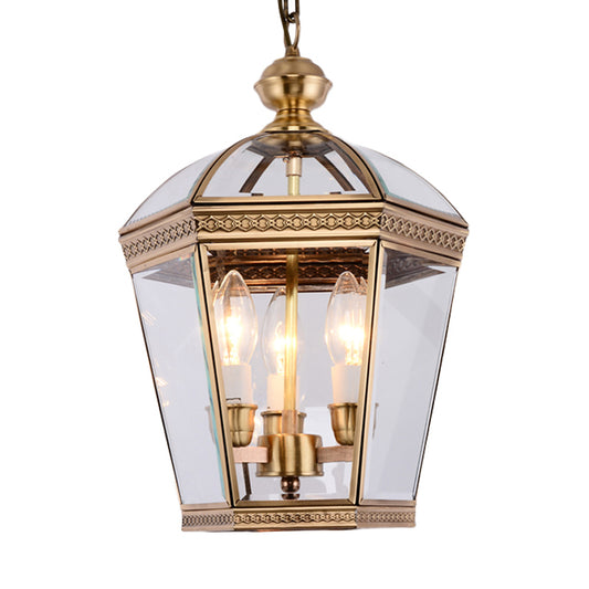 Brass Tapered Chandelier Lamp Nordic Clear Glass 3 Bulbs Hanging Ceiling Light for Living Room Clearhalo 'Ceiling Lights' 'Chandeliers' 'Glass shade' 'Glass' Lighting' 233661