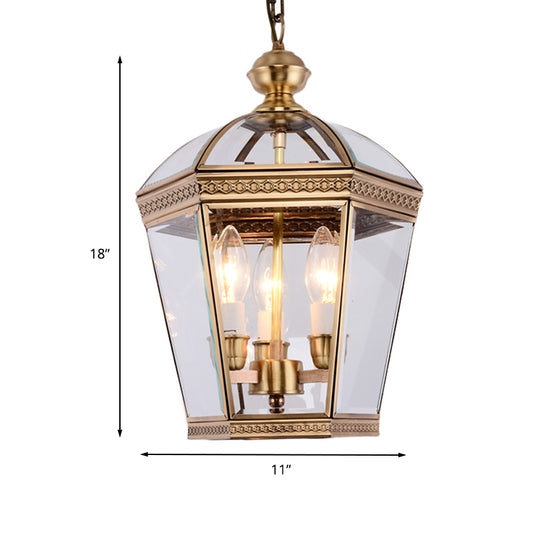 Brass Tapered Chandelier Lamp Nordic Clear Glass 3 Bulbs Hanging Ceiling Light for Living Room Clearhalo 'Ceiling Lights' 'Chandeliers' 'Glass shade' 'Glass' Lighting' 233662