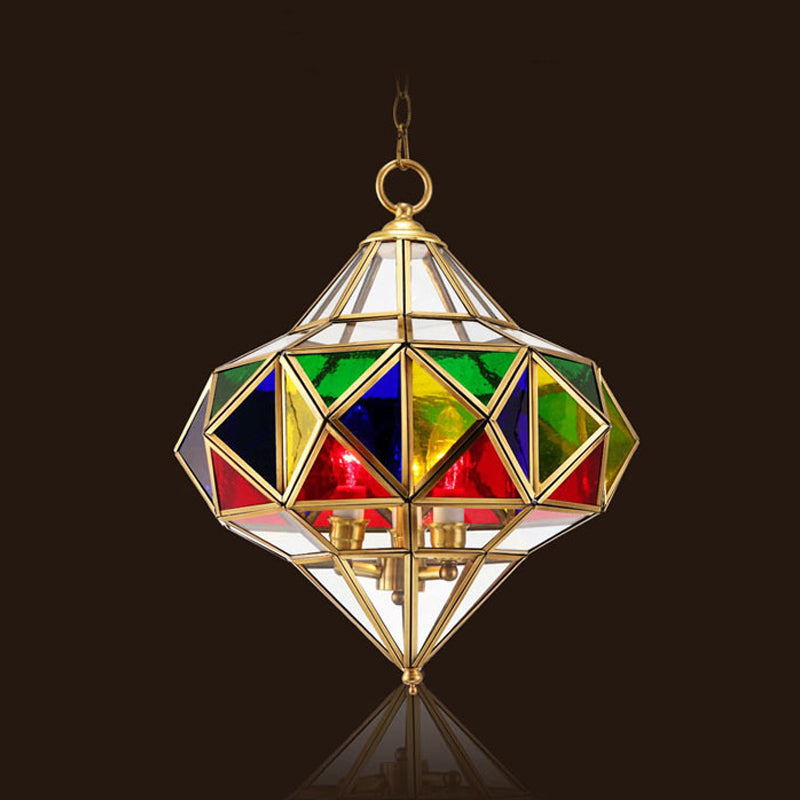 Splicing Chandelier Lamp Colonial Stained Glass 3 Heads Brass Pendant Lighting Fixture Clearhalo 'Ceiling Lights' 'Chandeliers' 'Glass shade' 'Glass' Lighting' 233675