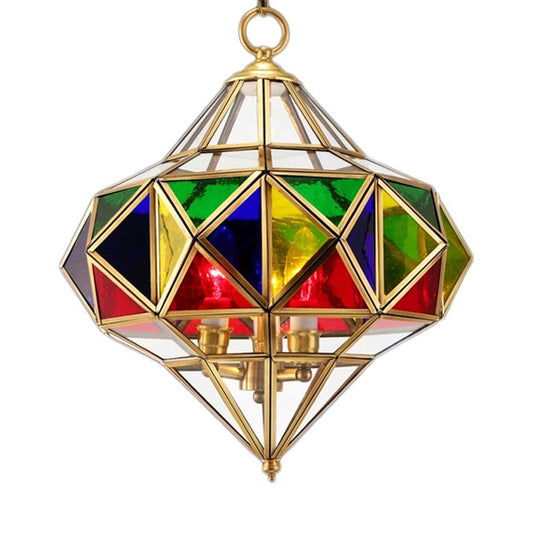 Splicing Chandelier Lamp Colonial Stained Glass 3 Heads Brass Pendant Lighting Fixture Clearhalo 'Ceiling Lights' 'Chandeliers' 'Glass shade' 'Glass' Lighting' 233676