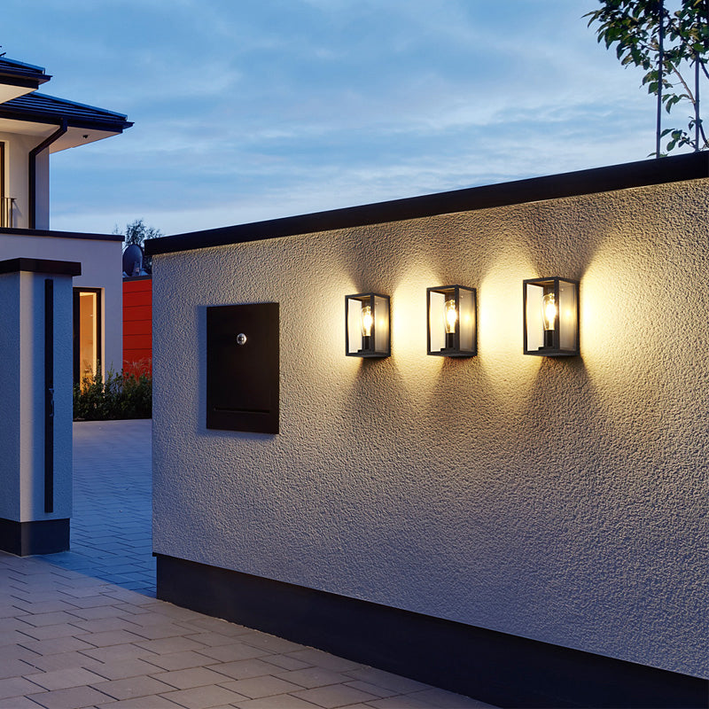 Box Patio Wall Lighting Fixture Transparent Glass 1 Bulb Modern Wall Sconce in Black Clearhalo 'Cast Iron' 'Glass' 'Industrial' 'Modern wall lights' 'Modern' 'Tiffany' 'Traditional wall lights' 'Wall Lamps & Sconces' 'Wall Lights' Lighting' 2336802