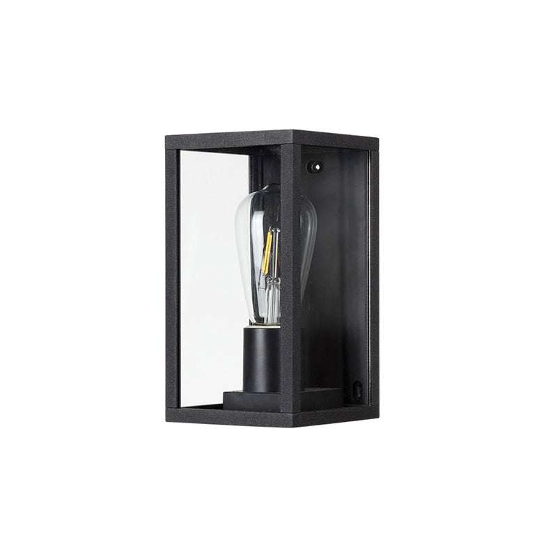 Box Patio Wall Lighting Fixture Transparent Glass 1 Bulb Modern Wall Sconce in Black Clearhalo 'Cast Iron' 'Glass' 'Industrial' 'Modern wall lights' 'Modern' 'Tiffany' 'Traditional wall lights' 'Wall Lamps & Sconces' 'Wall Lights' Lighting' 2336803