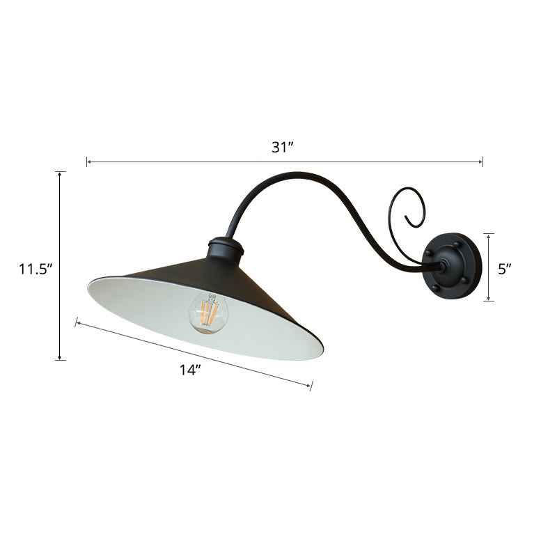 Black Lampshade Wall Lighting Rustic Metal 1 Head Outdoor Wall Mount Lamp with Arm Black Curved Clearhalo 'Art deco wall lights' 'Cast Iron' 'Glass' 'Industrial wall lights' 'Industrial' 'Middle century wall lights' 'Modern' 'Rustic wall lights' 'Tiffany' 'Traditional wall lights' 'Wall Lamps & Sconces' 'Wall Lights' Lighting' 2336844