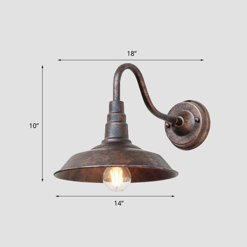 1-Bulb Gooseneck Wall Lamp Industrial Metal Wall Mounted Light with Barn Shade for Outdoor Coffee 14" Clearhalo 'Art deco wall lights' 'Cast Iron' 'Glass' 'Industrial wall lights' 'Industrial' 'Middle century wall lights' 'Modern' 'Rustic wall lights' 'Tiffany' 'Traditional wall lights' 'Wall Lamps & Sconces' 'Wall Lights' Lighting' 2336851