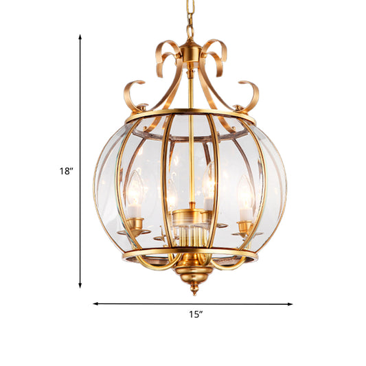 Clear Glass Global Chandelier Lamp Modern 4 Bulbs Brass Pendant Lighting Fixture for Living Room Clearhalo 'Ceiling Lights' 'Chandeliers' 'Glass shade' 'Glass' Lighting' 233703