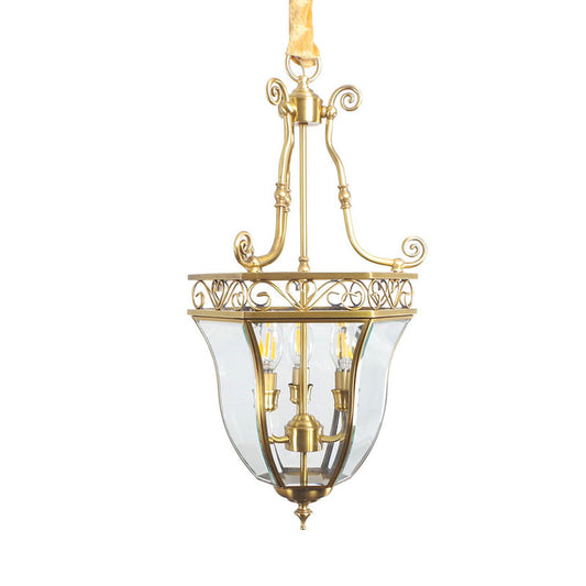 Brass Tapered Chandelier Lamp Retro 3 Heads Clear Glass Ceiling Pendant Light for Balcony Clearhalo 'Ceiling Lights' 'Chandeliers' 'Glass shade' 'Glass' Lighting' 233713