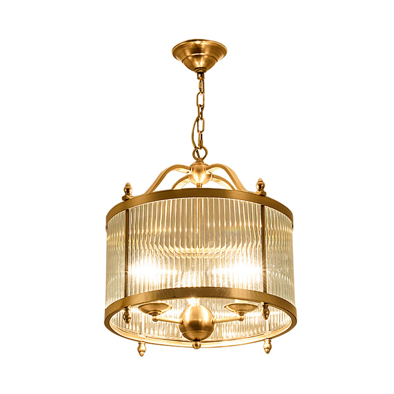 Drum Chandelier Lighting Contemporary Fluted Glass Brass 3/5 Bulbs Hanging Ceiling Light, 16"/19.5"/23.5" Wide Clearhalo 'Ceiling Lights' 'Chandeliers' 'Glass shade' 'Glass' Lighting' 233759