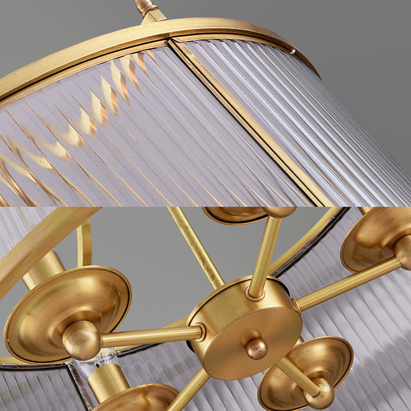 Drum Chandelier Lighting Contemporary Fluted Glass Brass 3/5 Bulbs Hanging Ceiling Light, 16"/19.5"/23.5" Wide Clearhalo 'Ceiling Lights' 'Chandeliers' 'Glass shade' 'Glass' Lighting' 233766
