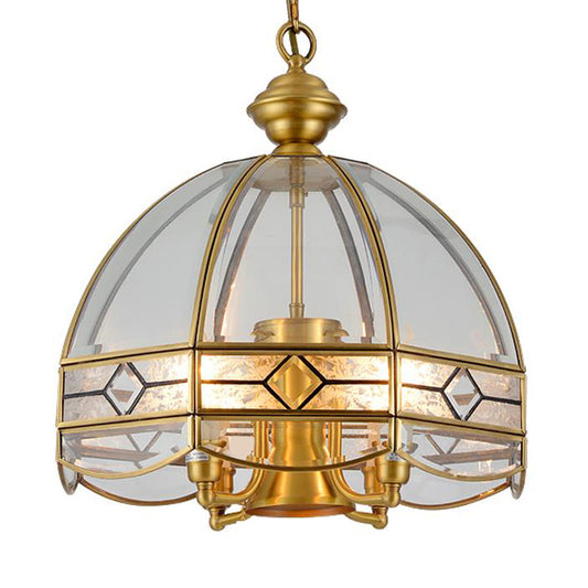 Dome Clear Glass Hanging Chandelier Retro 4 Heads Brass Ceiling Pendant Light for Dining Room Clearhalo 'Ceiling Lights' 'Chandeliers' 'Glass shade' 'Glass' Lighting' 233775