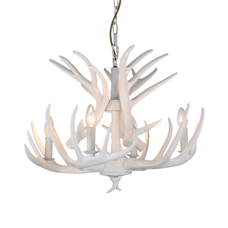 Resin Candle Chandelier Lamp Rustic 4/6/9-Head Bedroom Pendant Ceiling Light with Antler Decor in White Clearhalo 'Ceiling Lights' 'Chandeliers' Lighting' options 233779