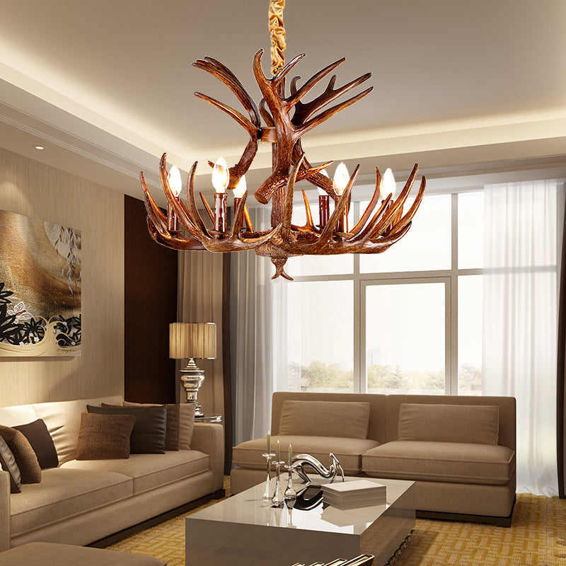 Traditional Candle Shape Hanging Lamp 4/6/9 Bulbs Resin Chandelier Light Fixture with Antler in Coffee Clearhalo 'Ceiling Lights' 'Chandeliers' Lighting' options 233809