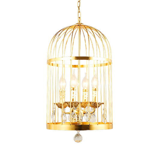 4 Bulbs Bird Cage Ceiling Chandelier Traditional Metal Suspended Lighting Fixture in Gold with Crystal Drop Clearhalo 'Ceiling Lights' 'Chandeliers' Lighting' options 233849