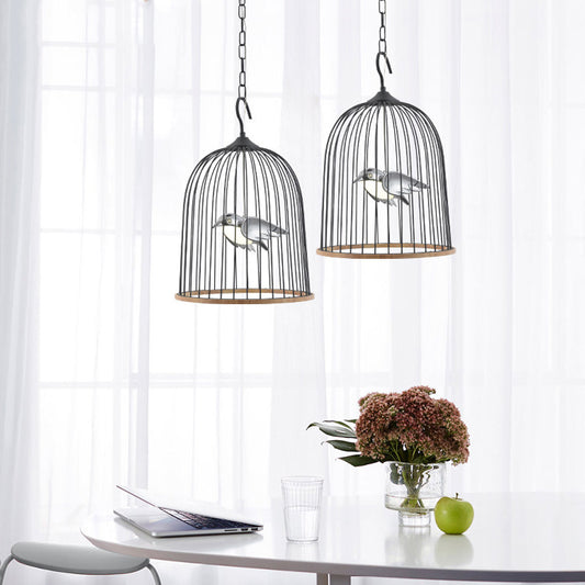 1 Bulb Cage Pendant Lamp Contemporary Metal Suspended Lighting Fixture in Black/Pink with Bird Clearhalo 'Ceiling Lights' 'Pendant Lights' 'Pendants' Lighting' 233877