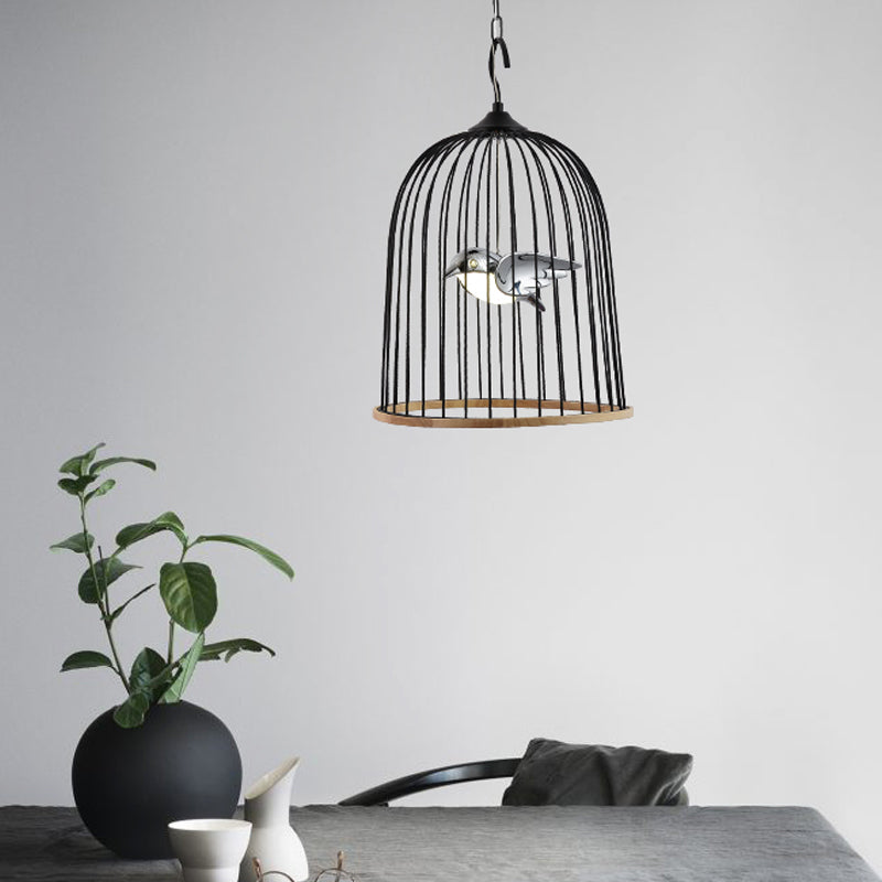 1 Bulb Cage Pendant Lamp Contemporary Metal Suspended Lighting Fixture in Black/Pink with Bird Clearhalo 'Ceiling Lights' 'Pendant Lights' 'Pendants' Lighting' 233878