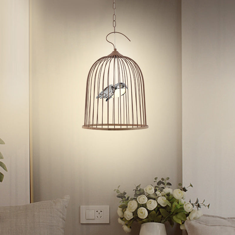 1 Bulb Cage Pendant Lamp Contemporary Metal Suspended Lighting Fixture in Black/Pink with Bird Clearhalo 'Ceiling Lights' 'Pendant Lights' 'Pendants' Lighting' 233880